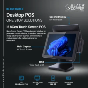 Black Copper BC-EGP-8G015-Z dual screen POS system showing main touch panel and customer display