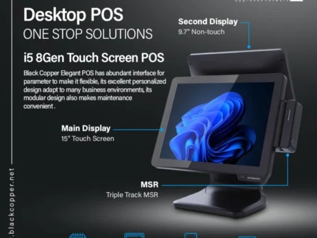 Black Copper BC-EGP-8G015-Z dual screen POS system showing main touch panel and customer display