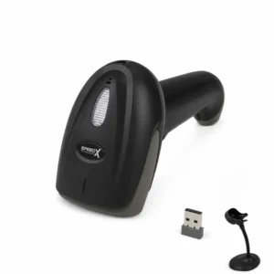 Speed-X 60D 2D wireless barcode scanner gun resting on its hands-free charging stand