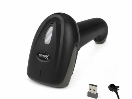 Speed-X 60D 2D wireless barcode scanner gun resting on its hands-free charging stand