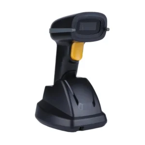 Speed-X SP-70D wireless 1D/2D QR Code barcode scanner resting on its charging dock