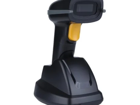 Speed-X SP-70D wireless 1D/2D QR Code barcode scanner resting on its charging dock