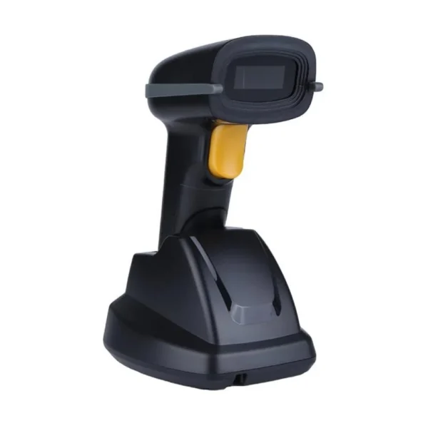 Speed-X SP-70D wireless 1D/2D QR Code barcode scanner resting on its charging dock