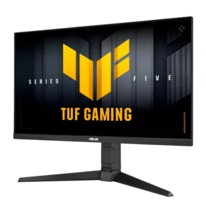Rear perspective of ASUS TUF VG27AQML5A showing aggressive TUF casing and ergonomic stand