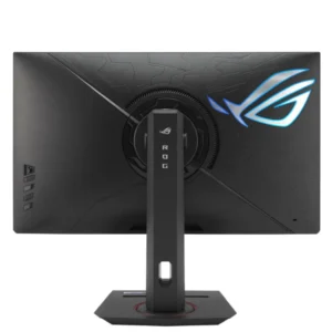 Rear panel of ASUS ROG Strix XG27ACG showing futuristic ROG branding and ergonomic stand