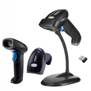 Speed-X 8700 2D wireless barcode scanner seated on its desktop charging dock
