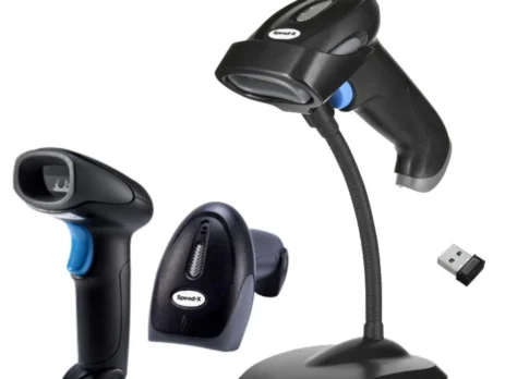Speed-X 8700 2D wireless barcode scanner seated on its desktop charging dock
