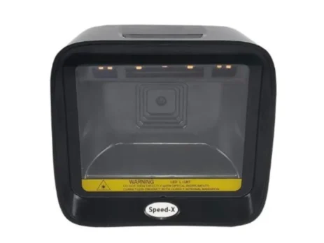 Speed-X SX-9700 hands-free 2D CMOS desktop barcode scanner sitting on a POS checkout counter