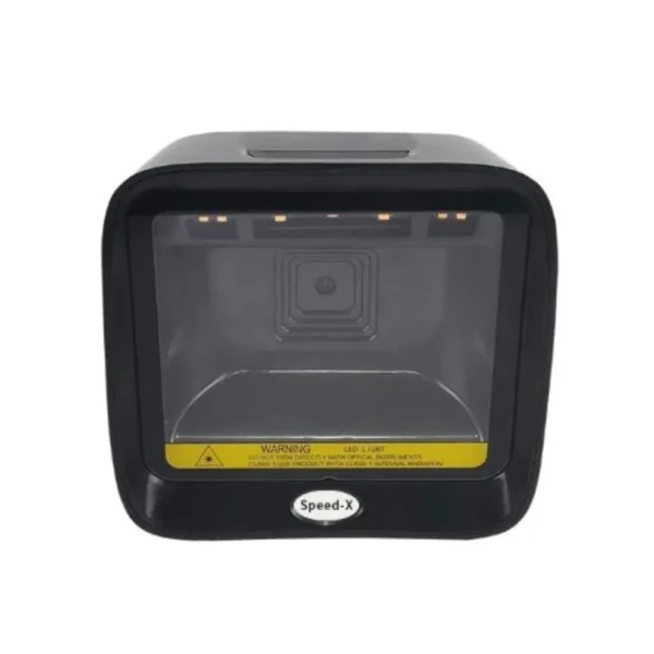 Speed-X SX-9700 hands-free 2D CMOS desktop barcode scanner sitting on a POS checkout counter