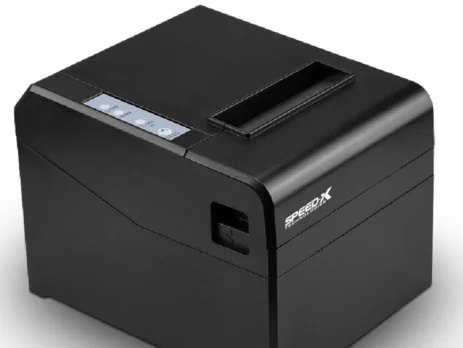 Speed-X SP-250U 80mm receipt printer front view with USB port and auto cutter