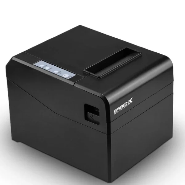 speed-x-sp-250u-80mm-thermal-receipt-printer Speed-X SP-250U 80mm receipt printer front view with USB port and auto cutter