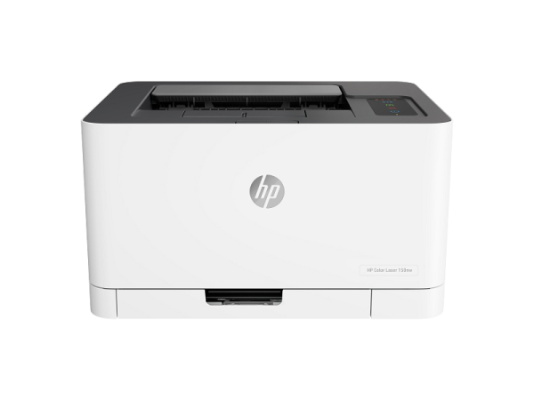 HP Color Laser 150nw Wireless Printer Front View HP Color Laser 150nw color laser printer front view on white background