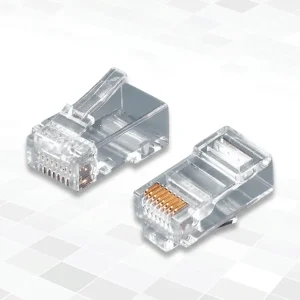Close-up view of gold-plated pins on a single Baynet RJ45 CAT5 connector