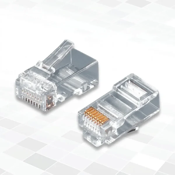Close-up view of gold-plated pins on a single Baynet RJ45 CAT5 connector