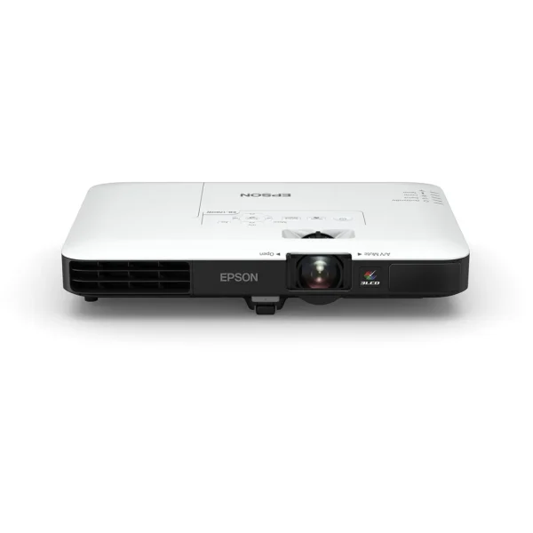 Epson EB-1785W Ultra-Slim Design View Epson EB-1785W ultra-slim Wireless Projector resting next to a laptop computer