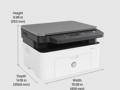 HP Laser MFP 136w USB wireless printer front view with paper tray open