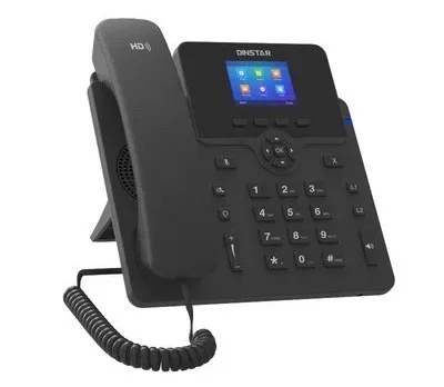 Front angle view of Dinstar C60UP IP Phone with backlit graphical display screen