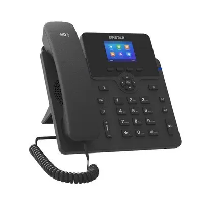 Front angle view of Dinstar C60UP IP Phone with backlit graphical display screen