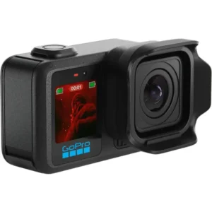 Rear screen view of GoPro MISSION 1 showing 8K Open Gate recording settings
