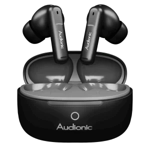 Audionic Airbud 690 ION Wireless Earbuds in charging case showing Bluetooth 5.4 connection