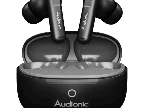 Audionic Airbud 690 ION Wireless Earbuds in charging case showing Bluetooth 5.4 connection