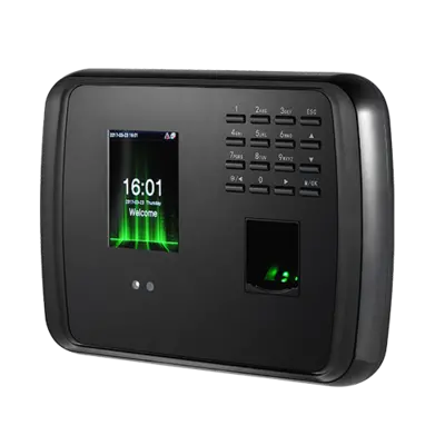Close-up of optical fingerprint sensor and facial recognition camera module on ZKTeco MB460