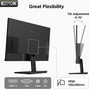 Rear ports layout showing HDMI VGA and 100x100mm VESA wall mount area on KOORUI E2712K