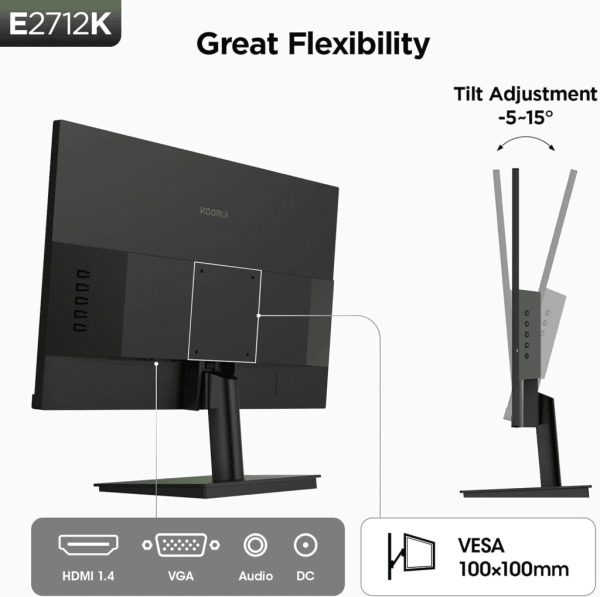 Rear ports layout showing HDMI VGA and 100x100mm VESA wall mount area on KOORUI E2712K