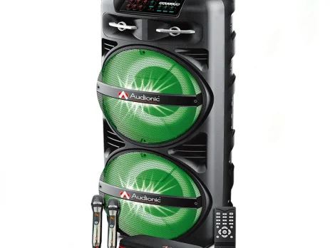 Audionic Mehfil MH5050 15-inch dual tower speaker system with RGB lights and two UHF wireless microphones