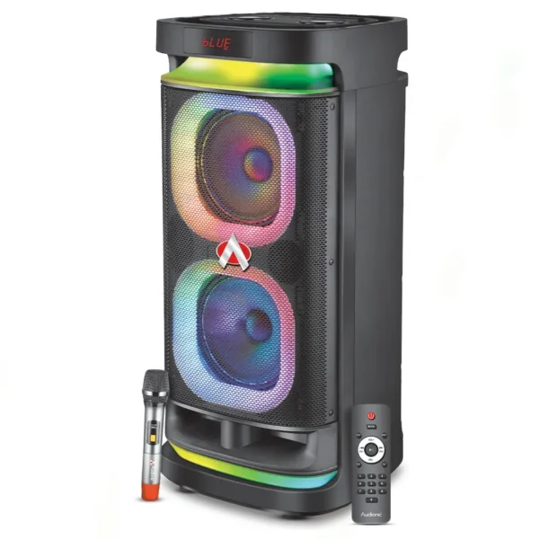 Audionic Hummer H55 Trolley Speaker Front View Audionic Hummer H55 100W trolley speaker with wireless mic and RGB lights