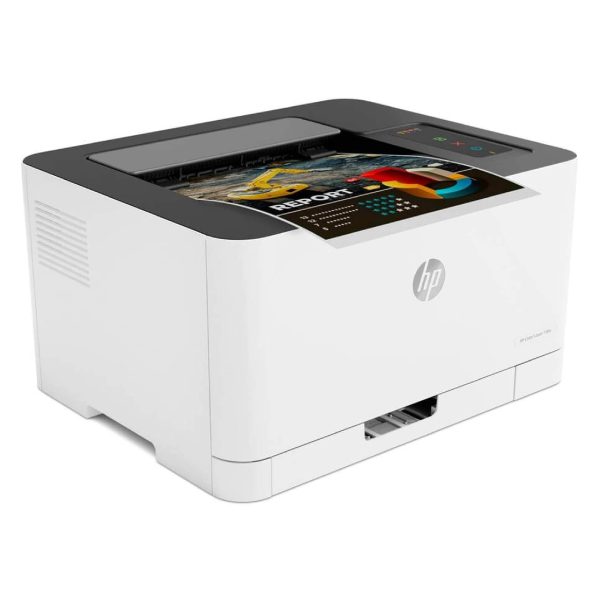 HP Color Laser 150nw printer placed neatly on a modern office workspace desk