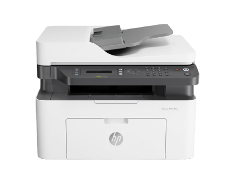 HP Laser MFP 139fnw wireless printer showing control panel and tray