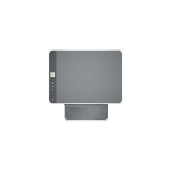 Mobile phone running HP Smart App next to wireless monochrome printer