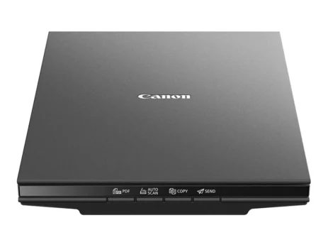Front view of Canon CanoScan LiDE 300 flatbed scanner on office desk