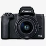 Front view of Canon EOS M50 Mark II with 15-45mm lens in black.