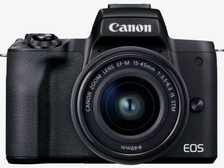 Front view of Canon EOS M50 Mark II with 15-45mm lens in black.