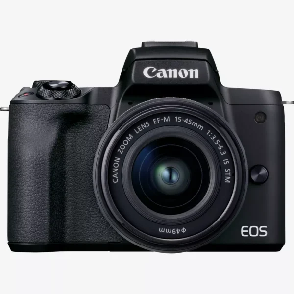 Canon EOS M50 Mark II Front View Front view of Canon EOS M50 Mark II with 15-45mm lens in black.