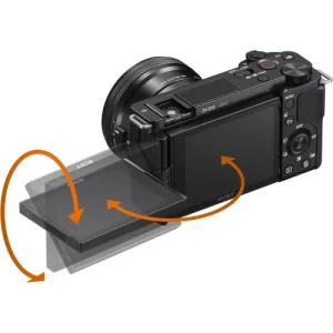 Sony ZV-E10 side flip-out touchscreen LCD monitor open for self-vlogging