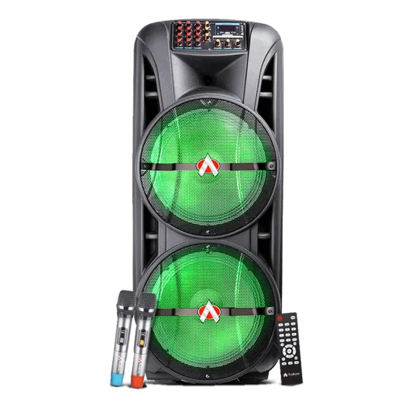 Audionic Mehfil MH-1515 Advance Tower Speaker Front Overview Audionic Mehfil MH-1515 Advance dual 15-inch tower speaker with wireless microphones