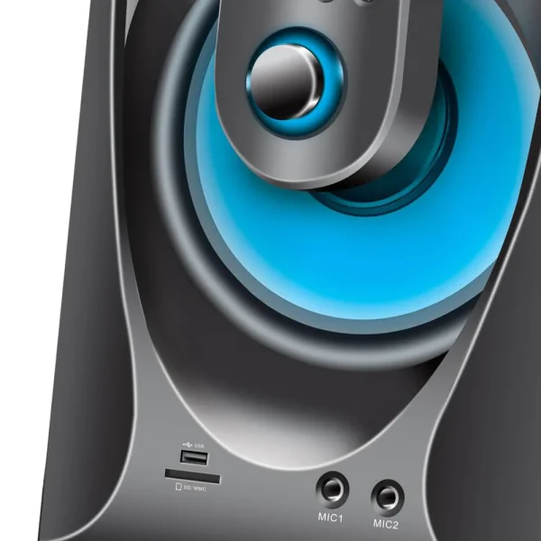 Dual karaoke microphone ports on Audionic Reborn RB-95 subwoofer unit