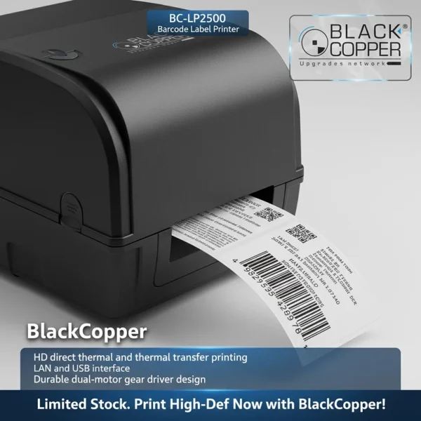 barcode printer, Black Copper BC-LP2500, thermal transfer printer, direct thermal printer, label printer Pakistan, retail POS printer, LAN barcode printer, barcode sticker printer, Black Copper printer price, NexGenShop POS gear