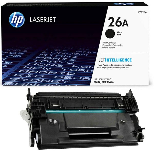 HP 26A CF226A black toner cartridge unboxed on clean white background