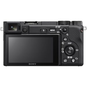 Sony A6400 tilting LCD screen flipped 180 degrees upward for self-vlogging and framing.