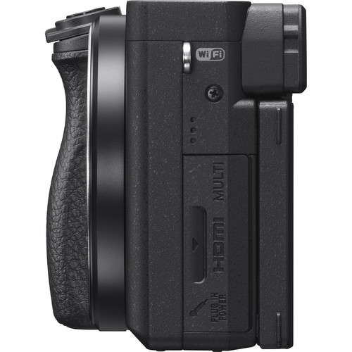 Electronic viewfinder simulation showing Sony A6400 Real-Time Eye AF tracking grid on a subject.