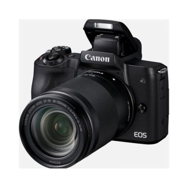 Canon EOS M50 with 18-150mm Lens showing fully articulated vari-angle touchscreen