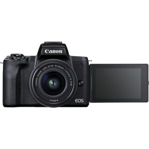 Canon EOS M50 Mark II with vari-angle touchscreen LCD deployed for vlogging.