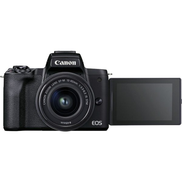 Canon EOS M50 Mark II with vari-angle touchscreen LCD deployed for vlogging.