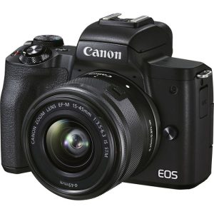 Canon EOS M50 Mark II mirrorless camera placed on a desktop setup for video streaming.