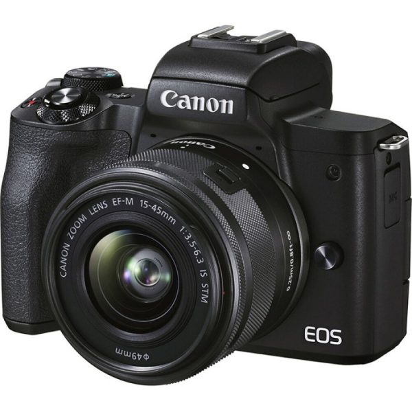 Canon EOS M50 Mark II mirrorless camera placed on a desktop setup for video streaming.