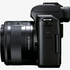 Side view of Canon M50 Mark II showing mic jack and HDMI connectivity ports.